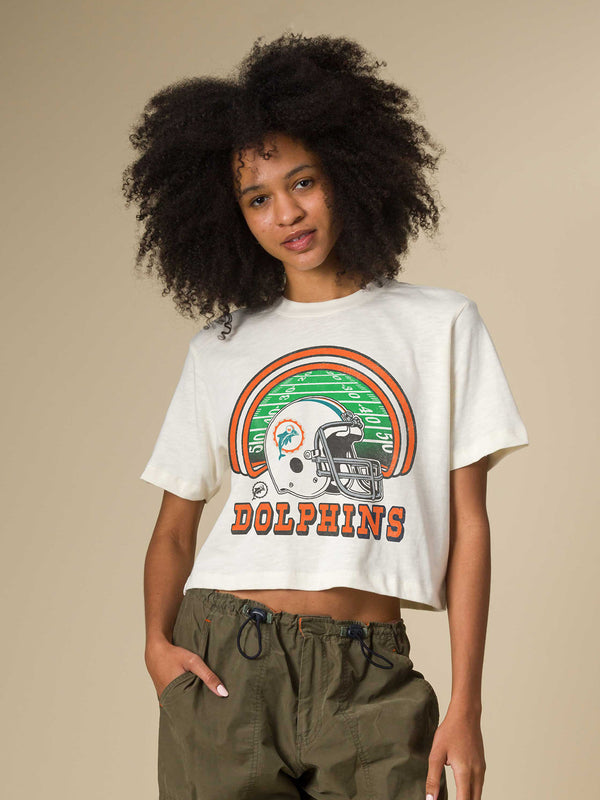 Junk Food Clothing Women's Miami Dolphins Game Time Mock Neck Crop Tee Vintage White