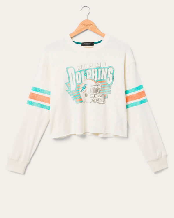 junk food clothing Women's Miami Dolphins Kickoff Crop Crew Fleece Vintage White