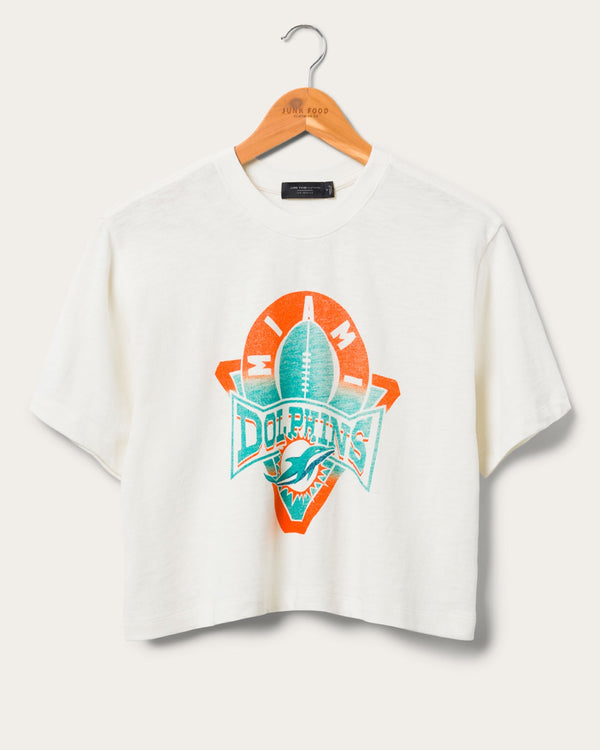 junk food clothing Women's Miami Dolphins Mock Neck Crop Tee White