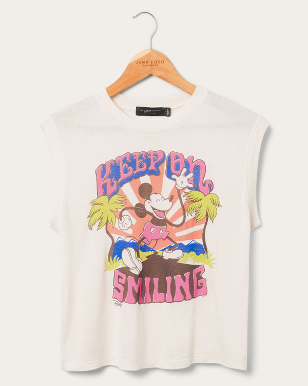 junk food clothing Women's Mickey Keep On Smiling Vintage Tissue Tank Birch