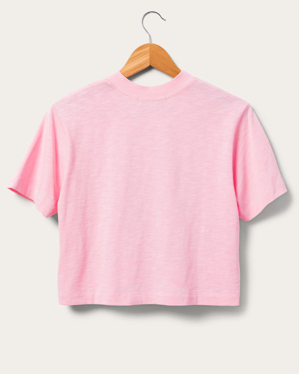 Junk Food Clothing Women's Mickey Mouse Text Stack Crop Mock Neck Tee FLAMINGO