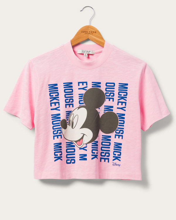 junk food clothing Women's Mickey Mouse Text Stack Crop Mock Neck Tee FLAMINGO