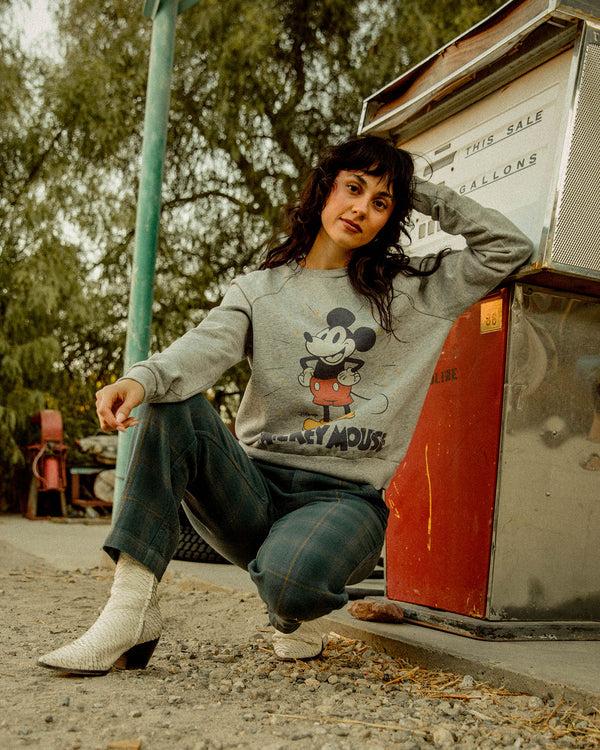 Junk Food Clothing Women's Mickey Mouse Vintage Raglan Crew Fleece Heather Grey