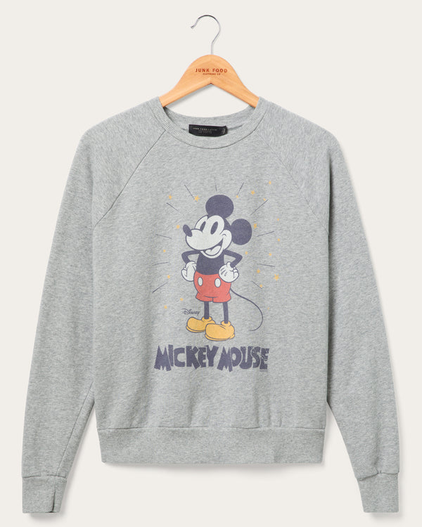 junk food clothing Women's Mickey Mouse Vintage Raglan Crew Fleece Heather Grey