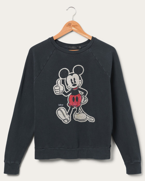 junk food clothing Women's Mickey Thumbs Up Vintage Raglan Pullover Vintage Black