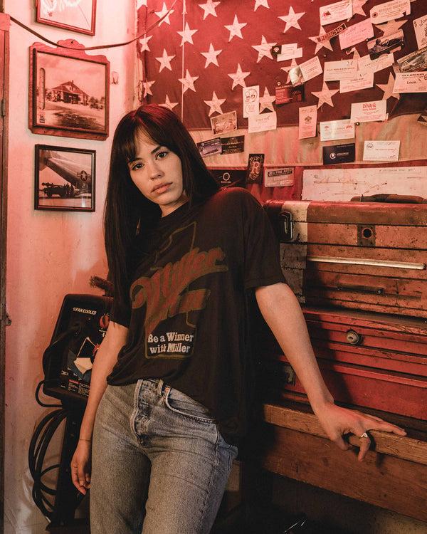 Junk Food Clothing Women's Miller High Life Racing #1 Vintage Tissue Tee Vintage Black