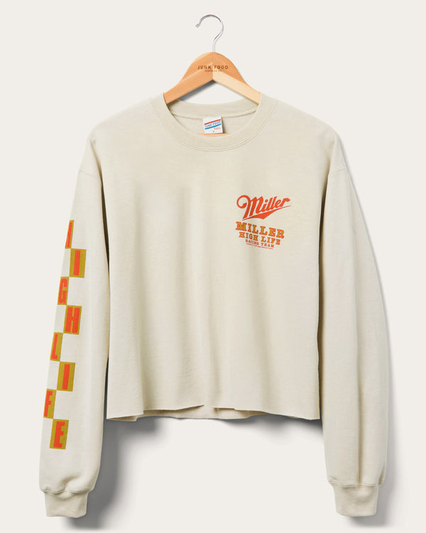 junk food clothing Women's Miller High Life Racing Cropped Flea Market Fleece Sand