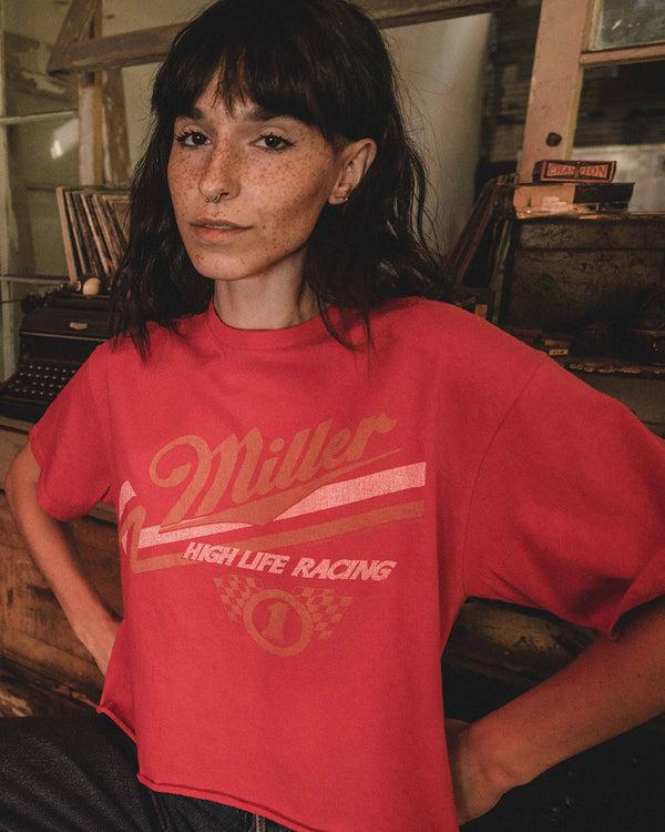 Junk Food Clothing Women's Miller High Life Racing Logo Cropped Flea Market Tee Red