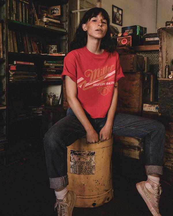 Junk Food Clothing Women's Miller High Life Racing Logo Cropped Flea Market Tee Red