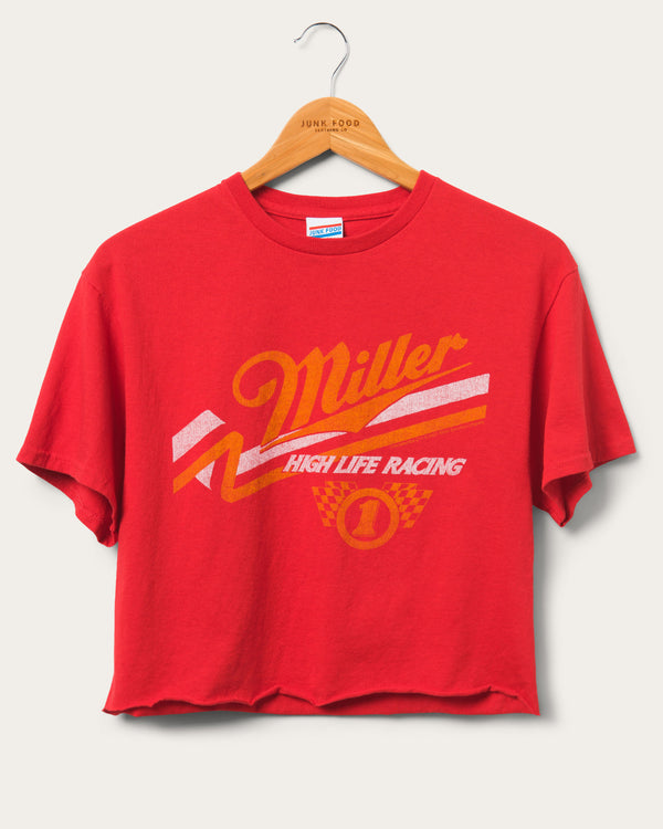 junk food clothing Women's Miller High Life Racing Logo Cropped Flea Market Tee Red