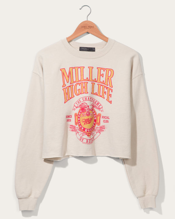 junk food clothing Women's Miller High Life Sportsman's Club Fleece Crop Sand