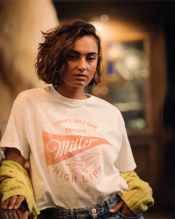 Junk Food Clothing Women's Miller High Life Sportsman's Club Softball Flea Market Crop Tee White