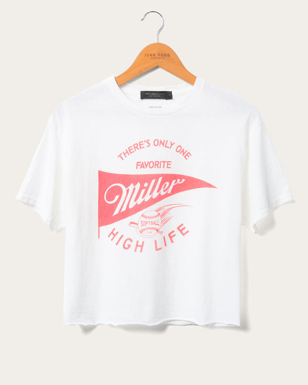 junk food clothing Women's Miller High Life Sportsman's Club Softball Flea Market Crop Tee White