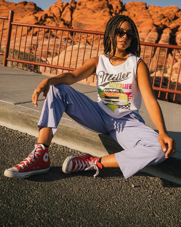 Junk Food Clothing Women's Miller High Life Yellow Car Checkers Cropped Muscle Tank Vintage White