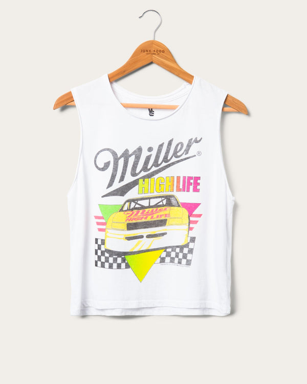 junk food clothing Women's Miller High Life Yellow Car Checkers Cropped Muscle Tank Vintage White
