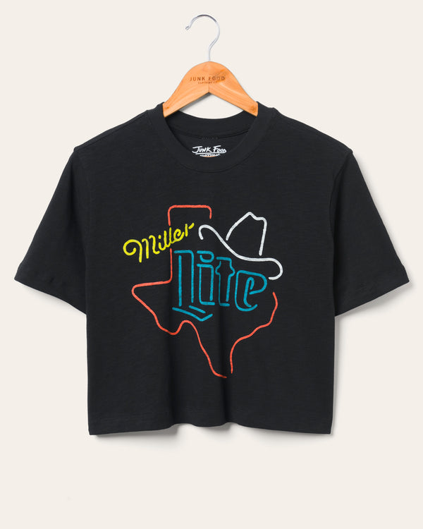 junk food clothing Women's Miller Lite Texas Mock Neck Crop Tee Black