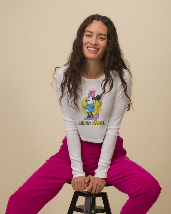 Junk Food Clothing Women's Minnie Mouse Long Sleeve Baby Crop White