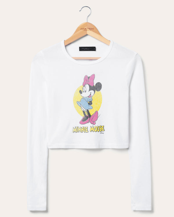 junk food clothing Women's Minnie Mouse Long Sleeve Baby Crop White