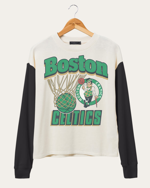 junk food clothing Women's NBA Boston Celtics Contrast Long Sleeve Crew Sugar/Black