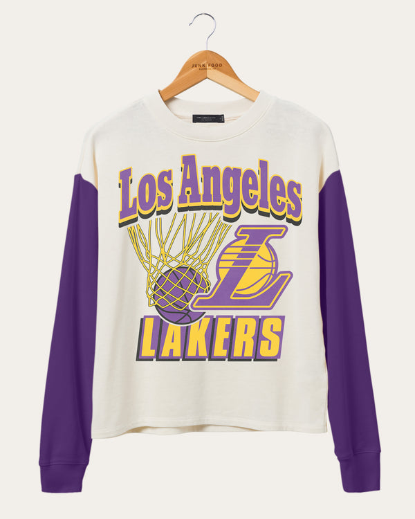 junk food clothing Women's NBA Los Angeles Lakers Contrast Long Sleeve Crew Purple/Sugar