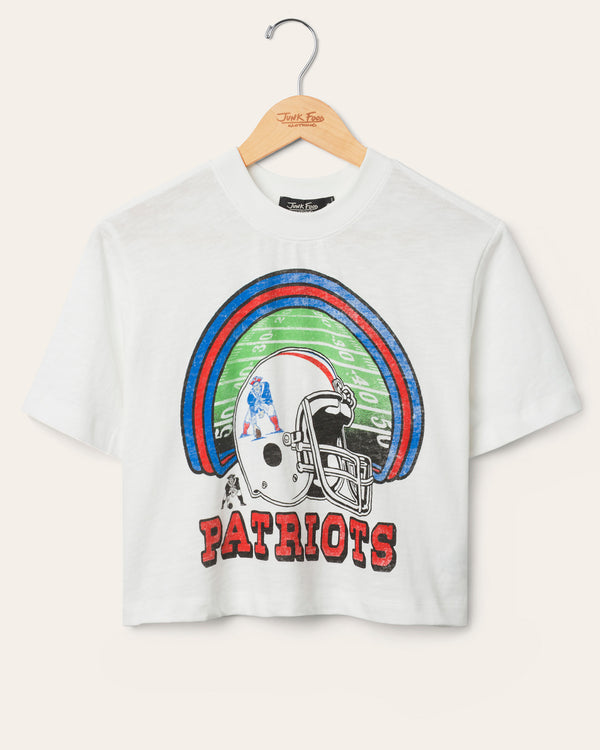 junk food clothing Women's New England Patriots Game Time Mock Neck Crop Tee Vintage White