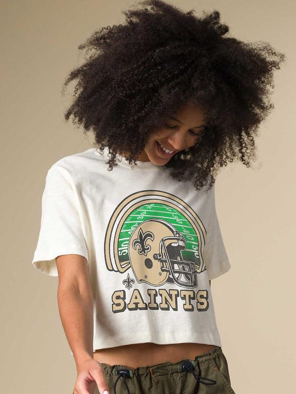 Junk Food Clothing Women's New Orleans Saints Game Time Mock Neck Crop Tee Vintage White