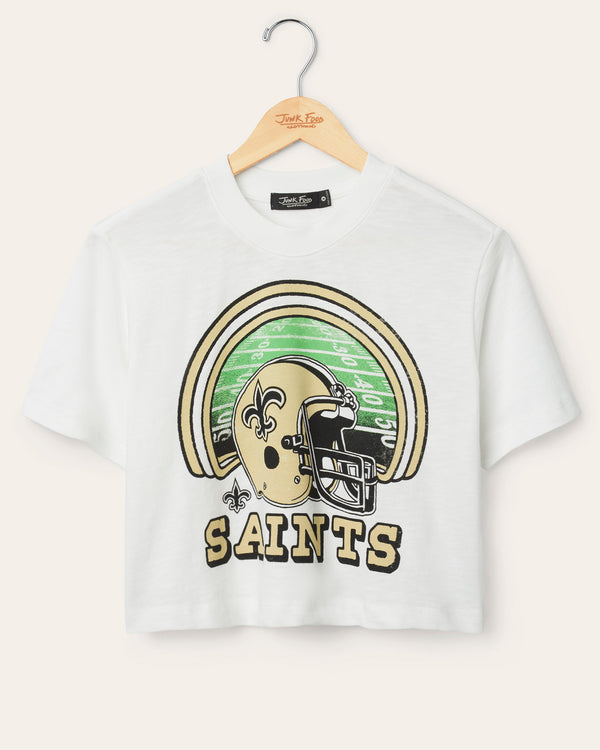 junk food clothing Women's New Orleans Saints Game Time Mock Neck Crop Tee Vintage White