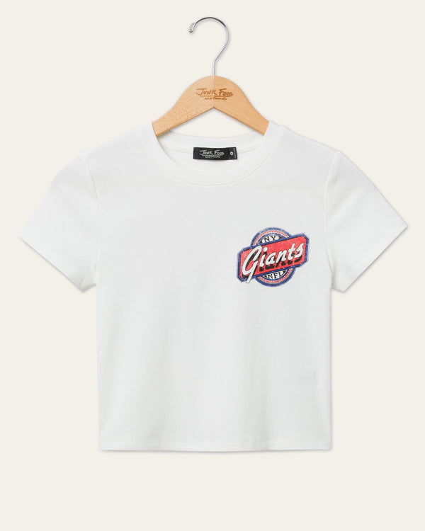 junk food clothing Women's New York Giants Cheers Baby Tee Vintage White