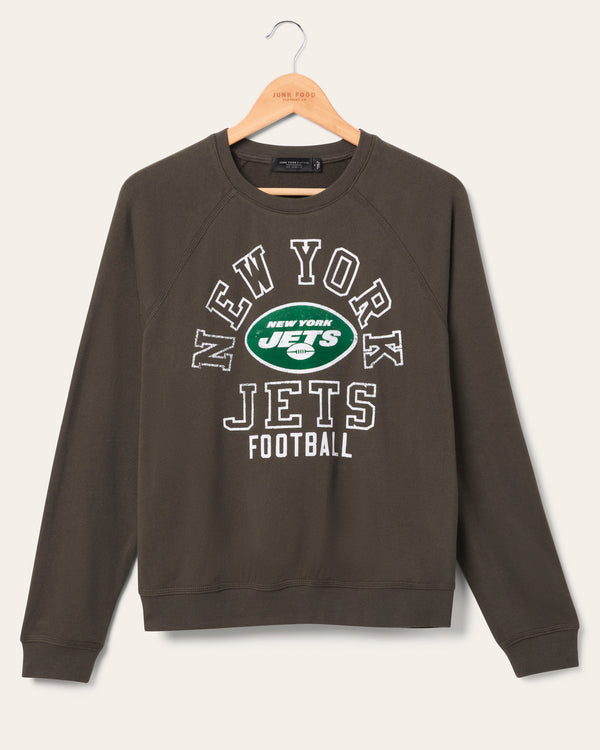 junk food clothing Women's New York Jets Flocked Raglan Crew Fleece Vintage Black