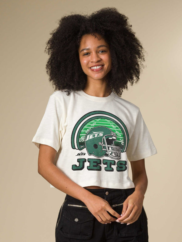 Junk Food Clothing Women's New York Jets Game Time Mock Neck Crop Tee Vintage White