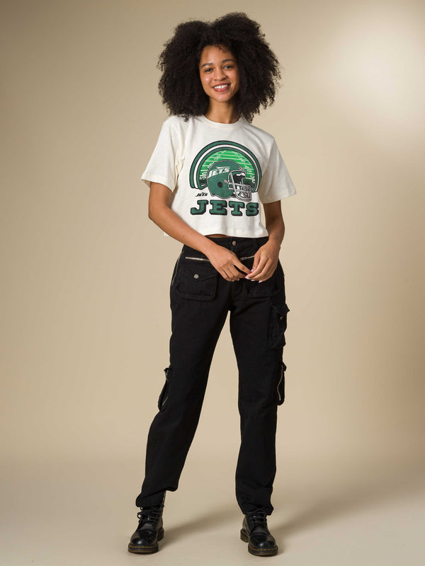 Junk Food Clothing Women's New York Jets Game Time Mock Neck Crop Tee Vintage White