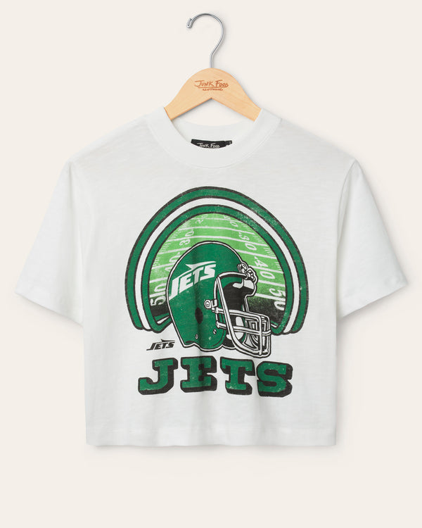 junk food clothing Women's New York Jets Game Time Mock Neck Crop Tee Vintage White