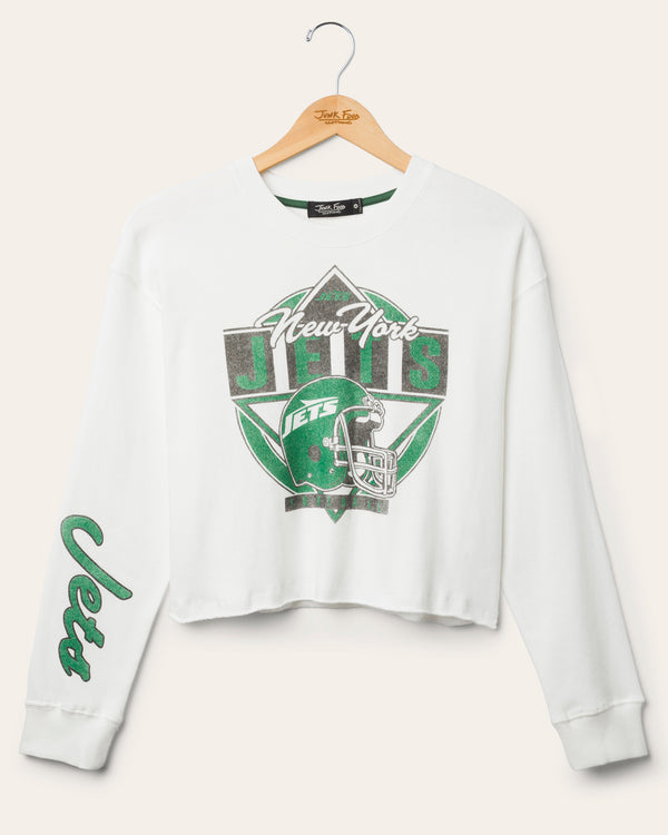 junk food clothing Women's New York Jets Helmet Crop Fleece Vintage White