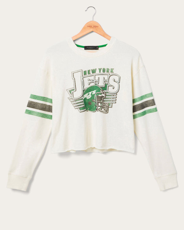 junk food clothing Women's New York Jets Kickoff Crop Crew Fleece Vintage White