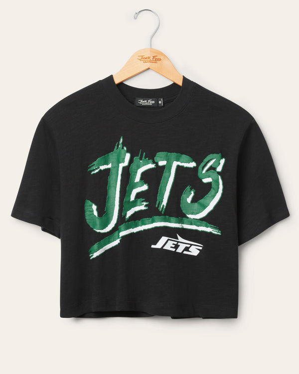 junk food clothing Women's New York Jets Thrill Mock Neck Crop Tee True Black