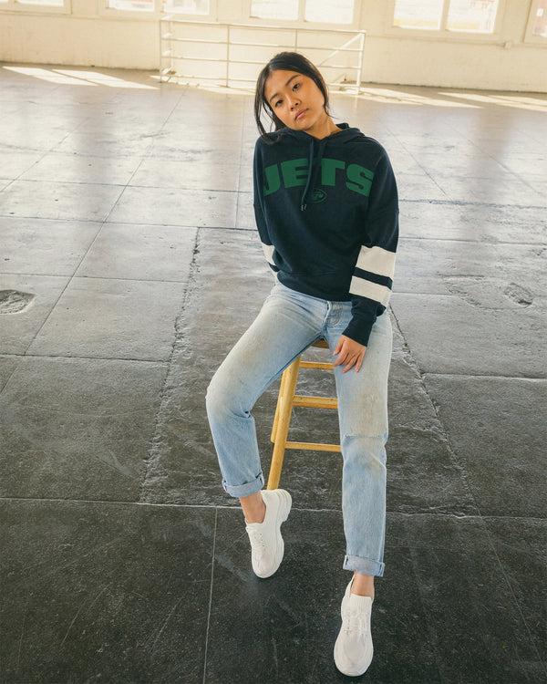 Junk Food Clothing Women's NFL Jets Sideline Striped Fleece TRUE BLACK/SUGAR