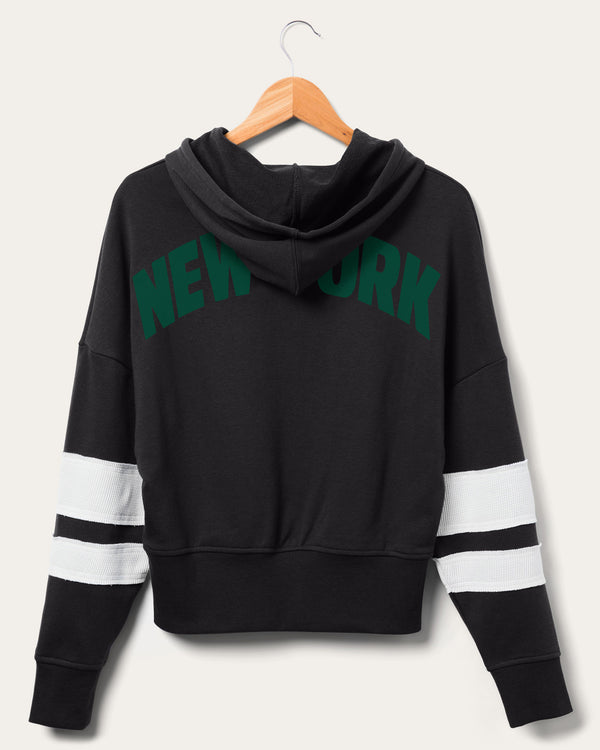 Junk Food Clothing Women's NFL Jets Sideline Striped Fleece TRUE BLACK/SUGAR