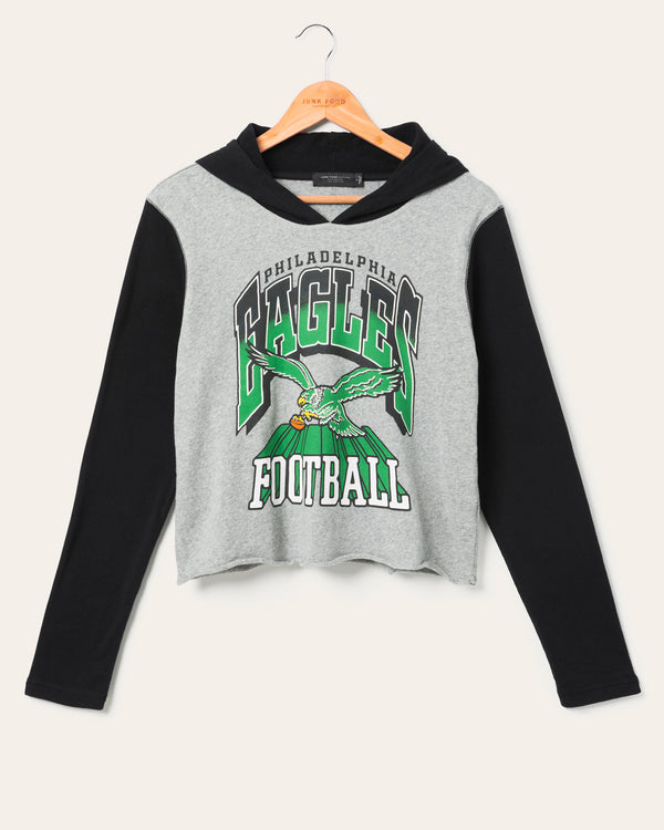 junk food clothing Women's Philadelphia Eagles Block Crop Hoodie Heather Grey/Black