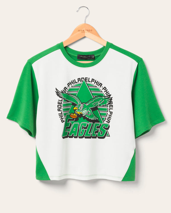 junk food clothing Women's Philadelphia Eagles Color Block Crop Tee White/Kelly