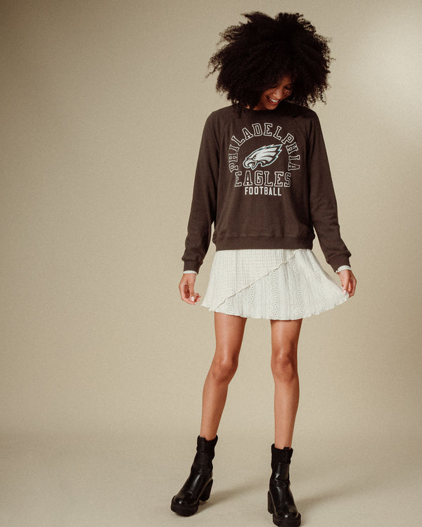 Junk Food Clothing Women's Philadelphia Eagles Flocked Raglan Crew Fleece Vintage Black