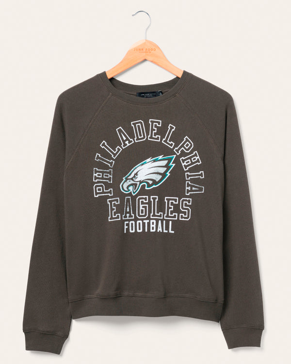 junk food clothing Women's Philadelphia Eagles Flocked Raglan Crew Fleece Vintage Black