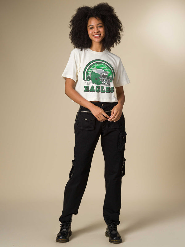 Junk Food Clothing Women's Philadelphia Eagles Game Time Mock Neck Crop Tee Vintage White