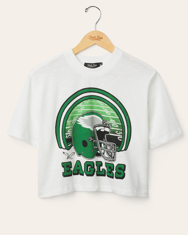 junk food clothing Women's Philadelphia Eagles Game Time Mock Neck Crop Tee Vintage White