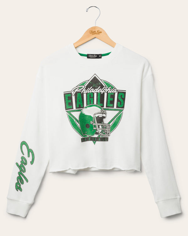 junk food clothing Women's Philadelphia Eagles Helmet Crop Fleece Vintage White