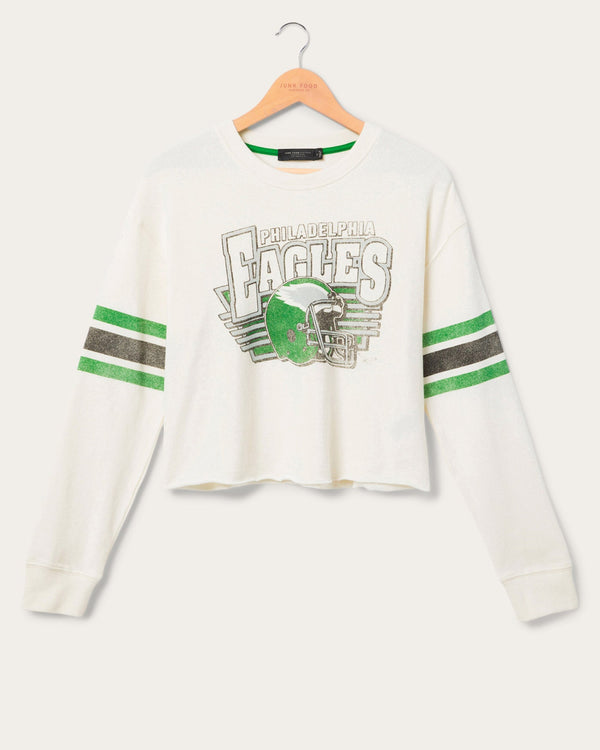 junk food clothing Women's Philadelphia Eagles Kickoff Crop Crew Fleece Vintage White