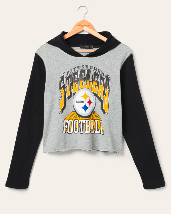 junk food clothing Women's Pittsburgh Steelers Block Crop Hoodie Heather Grey/Black