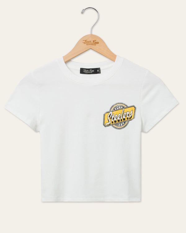junk food clothing Women's Pittsburgh Steelers Cheers Baby Tee Vintage White