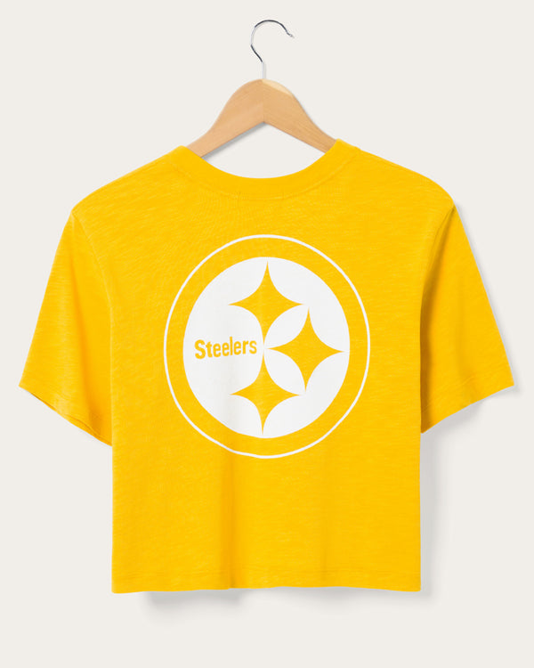 Junk Food Clothing Women's Pittsburgh Steelers Dual Threat Mock Neck Crop Tee Mustard