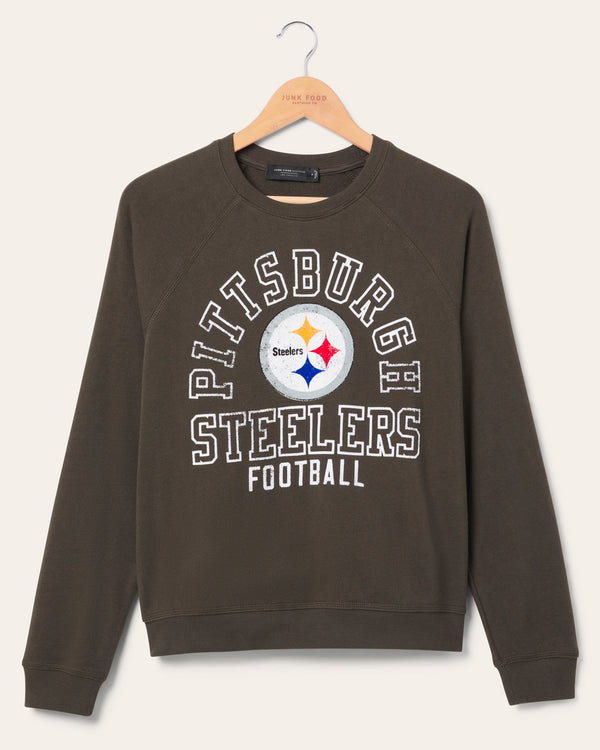 junk food clothing Women's Pittsburgh Steelers Flocked Raglan Crew Fleece Vintage Black
