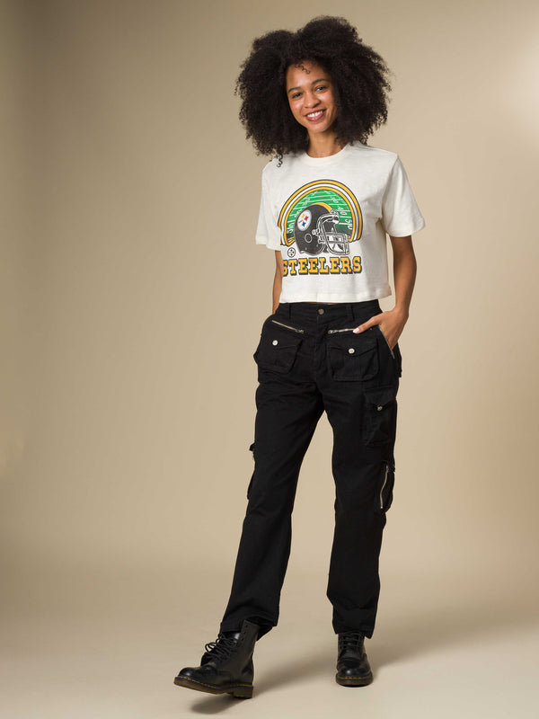 Junk Food Clothing Women's Pittsburgh Steelers Game Time Mock Neck Crop Tee Vintage White